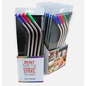 Reusable Stainless Steel Drinking Straws Silicon Tips Travel Case 4-Pack 8" in